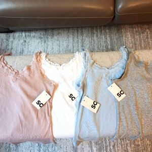SO the favorite tank nwt size large pink, white, blue and gray lace trim cami